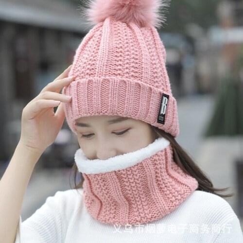 Lady New Neck Protector Hat Girls Fashionable Ear Guard Knitting Warm Cap Cute Mark Knitted Wool Pompom Hat 2pcs 8 Colors B-8550