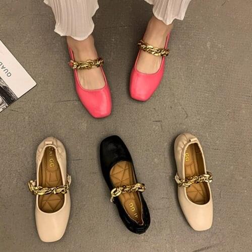 Women Flats Square Toe Mary Janes Shoes Metal Boat Shoes Leather Ballet Flats Shallow Single Shoe For Ladies Autumn Spring 9328L