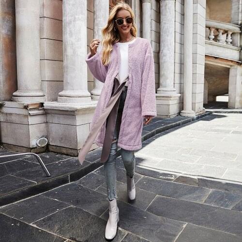 Women Blends Faux Fur Fleece Long Coat Bandage Cardigan Winter Warm Soft Loose Streetwear Female Casual Fashion Outerwear