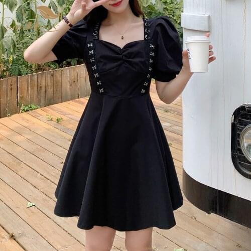 SISHION Puff Sleeve Solid Black Goth Gothic Dress VD2111 Women Short Sleeve Mini length Sexy Dresses