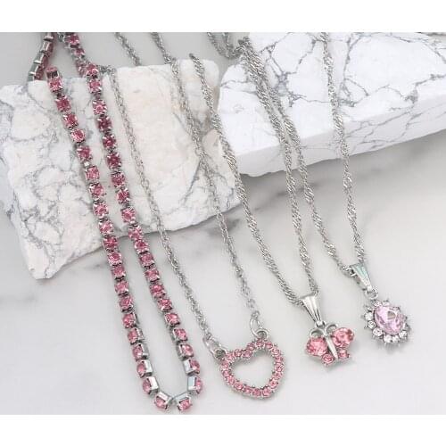 Multi-layer Pink Crystal Heart Butterfly Pendant Necklaces For Women Boho Shiny Rhinestone Tennis Chain Necklace Collar Jewelry
