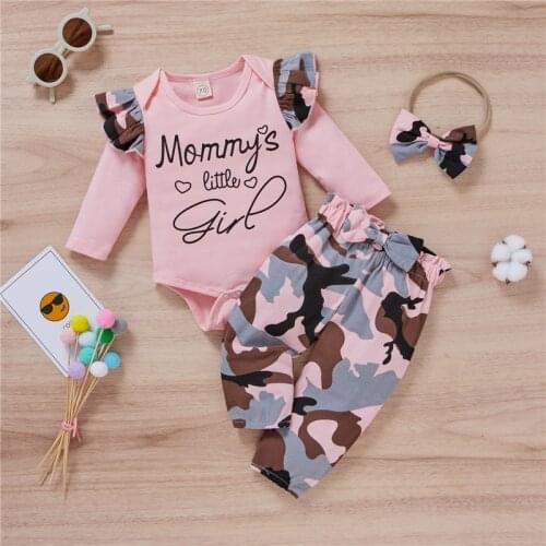 2021 Girls Clothes Letter Print Long Sleeve O-neck Romper Trousers Headband Baby Clothing