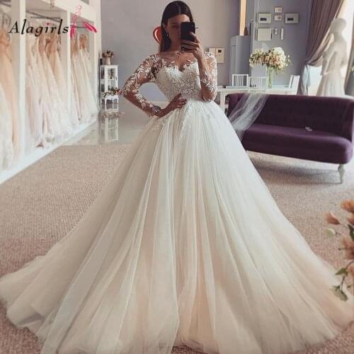 Alagirls Long Sleeves Wedding Dresses Lace Tulle A-Line Ball Gown Court Train Bridal Dress Custom Made Wedding Gown Plus Size