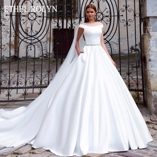 ETHEL ROLYN Satin A-Line Wedding Dress 2021 Elegant Boat Neck Crystal Sashes Button Princess Simple Bridal Gown Vestido De Noiva