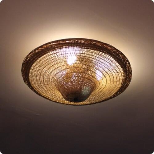 Bamboo Wicker Rattan Straw Hat Shade Ceiling Light Fixture Vintage Industrial Retro Rustic Country Lamp Restaurant Kitchen Room