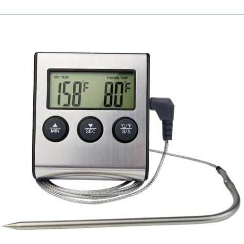 LCD Display Digital Food Thermometer Oven Meat Barbecue Kitchen Thermometer Clock Timer Measuring Range 0~250°C