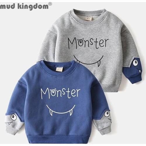 Mudkingdom Boy Sweatshirts Fleece Letter Cartoon Crew Neck Long Sleeve Patchwork Loose Tops Kids Casual Clothe for Autumn Winter