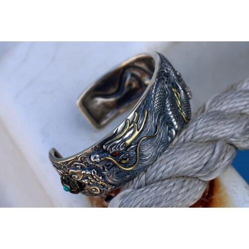 Men Real 925 Sterling Silver Turquoise handmade 3D dragon Cuff Bracelet bangle A4747