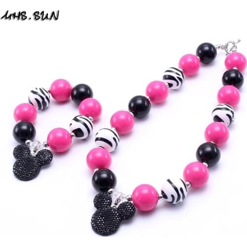 Trendy Minny mouse pendant chunky necklace and bracelet set!2Pcs/Lot Child bubblegum beaded kid girl jewelry set
