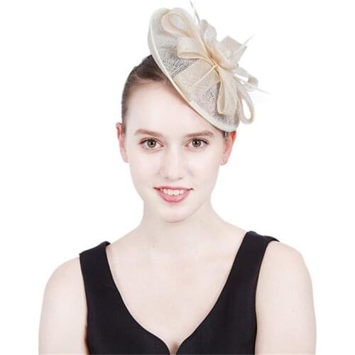 Hot Selling British Style Handmade Flax Hats White Flower Bow-knot Feather Hats Bride Wedding Headwear Wedding Hair Accessories