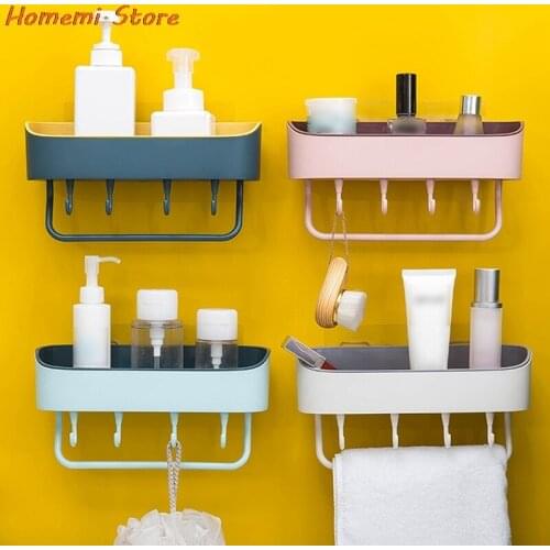 Multifunction Bathroom Storage Rack Waterproof Free Punch Self Adhesive Set Bathroom Shelf Storage Rack With Hook