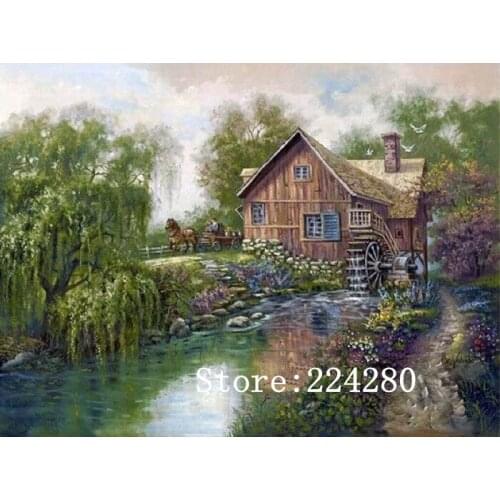 Waterwheel Chalet Scenery Needlework 14ct White Canvas Unprinted Handmade Embroidery Aida Cross Stitch Kits Set DIY Home Decor