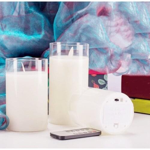 Set of 3 Battery operate Pillar Paraffin Wax LED Glass Candle Light Dancing Swinging wick Remote controlled Home Bar Decor Amber