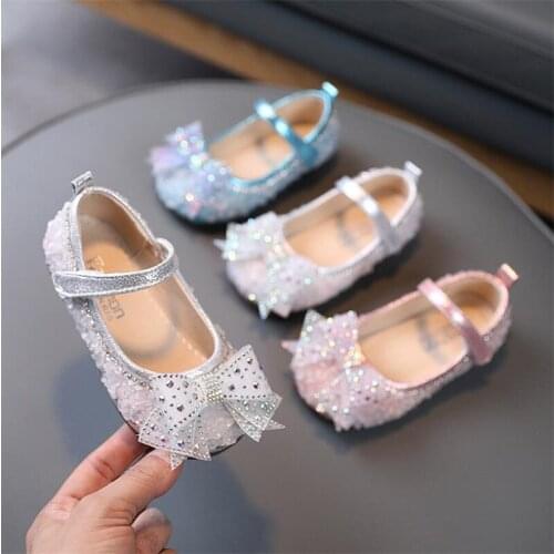 Girls' 2021 spring and summer new childrens bright diamond childrens shoes bow princess shoes soft soled dance shoes