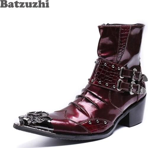 New Genuine Leather Men Ankle Boots Punk Style Iron Pointed Toe Zip Mens Military Cowboy Boots High Top Buckles Botas Hombre