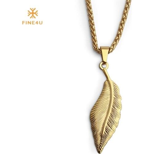 FINE4U N139 Stainless Steel Big Leaf Pendant Necklaces For Men Women Gold Color Long Chain Necklace Daily Jewelry