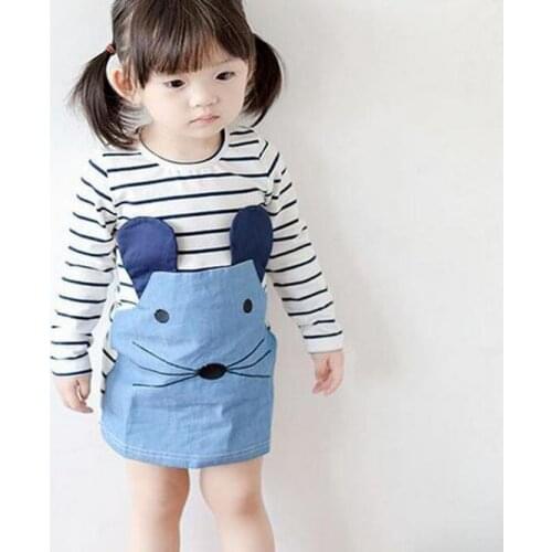 Baby Stripe Dress Cute Character Mouse Girls Dresses Children Clothing Denim Clothes For Kids Boutique Clothing Age 2 To 6 Years