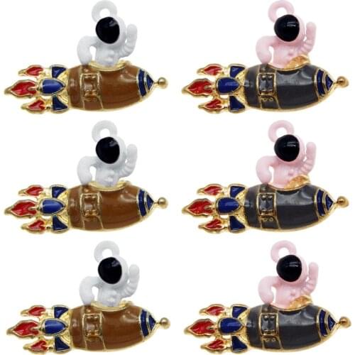 4pcs Cartoon Alloy Astronaut Rocket Design Charms Enamel Spaceman Pendant Pink White For Bracelet Jewelry Making Accessory