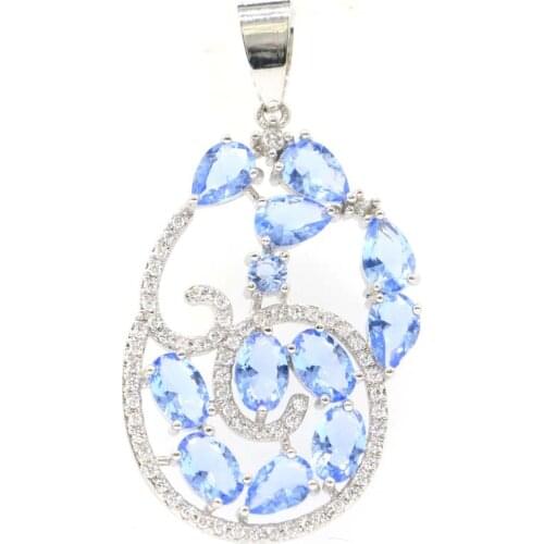 42x23mm Stunning Created Rich Blue Violet Tanzanite White CZ Gift For Ladies Silver Pendant
