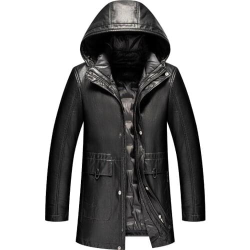 Middle aged and young mens down jacket thickened medium long leather coat Haining sheep fur Hooded Coat
