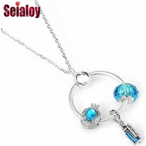 Seialoy Fashion Blue Crystal Pendant Necklace Crystal Crown Letter O Beads Round Charm Necklace Women Men Original Party Jewelry