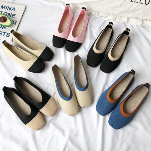 New square head woven flat shoes single shoes shallow mouth low help shoes knitted bean shoes women woven four seasons shoes