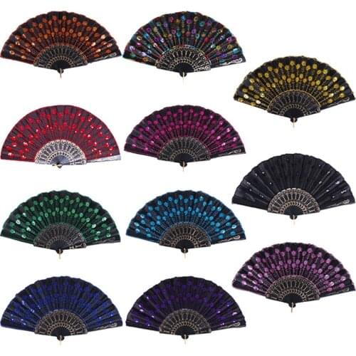 Christmas Dance Fan Rainbow Color Peacock Pattern Folding Hand Held Embroidered Sequin Gift Fan