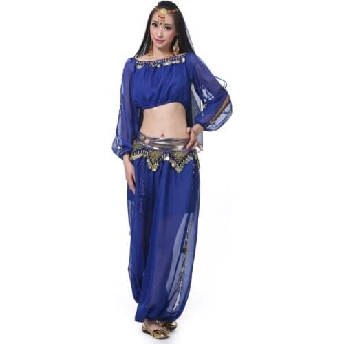 Lady women adult Belly Dance Indian Performance clothing 4 piece set top and pants with Golden Coinsdancing accessories