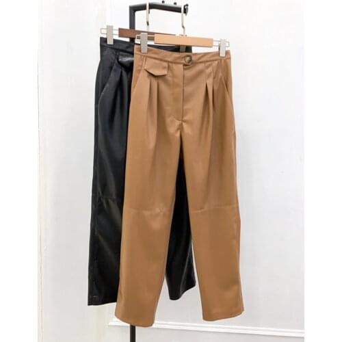 2020 Spring New Faux Leather Womens Pants Ladies Causal Ankle-Length Straight Trousers With Zipper Pockets