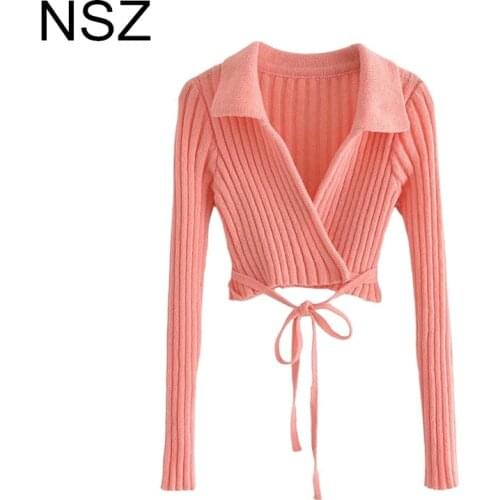 NSZ Women Ribbed Wrap Sweater 2021 Cross V Neck With Belt Body Knit Coat Jacket Ladies Crop Top Knitwear Jumper Sexy Outfit Pull