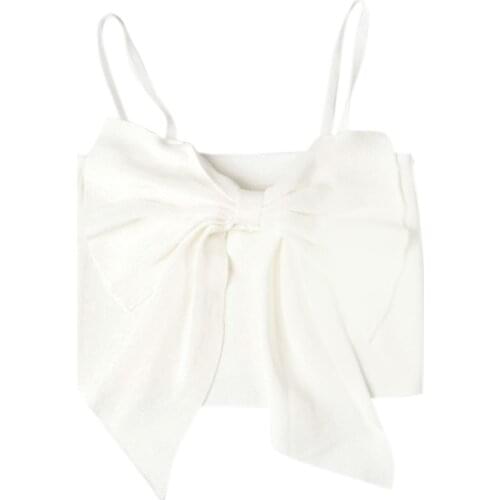 Women Summer Spaghetti Strap Knitted Camisole Sweet Big Bow Knot Front Slim Crop Top Kawaii Solid Color Basic Sling Vest Shirt