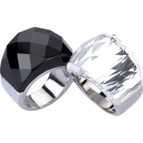 Stainless Steel Black & White Brand Design Delicate Shiny Big Crystal Stone Engagement Rings Trendy Ring Party Jewelry for Women