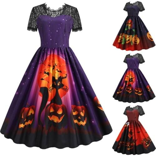 Halloween Lace Dress Women Casual Short Sleeved A-Line Midi Dresses Cocktail Swing Dresses Cosplay Party Costume Princess Gown