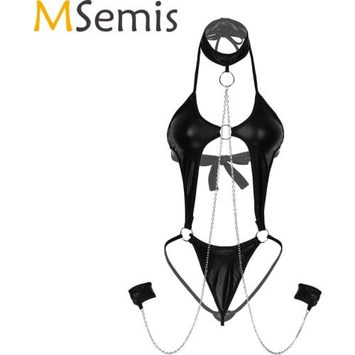 Women Halter Neck Hallow Out Lingerie Suit Patent Leather Lace-up Backless Bodysuit with Metal Chain Cuffs Sexy Lingerie Costume