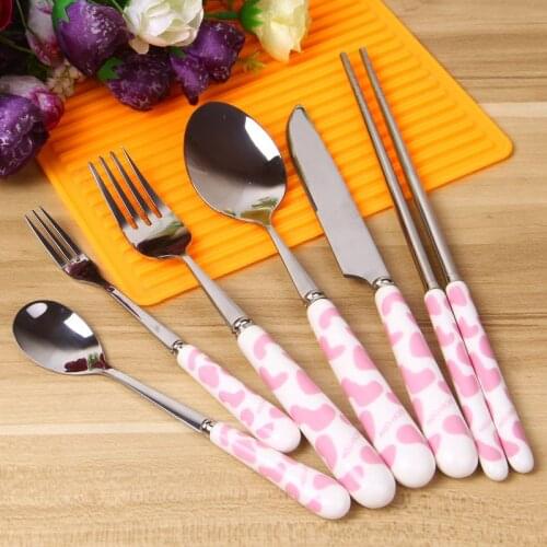 6pcs Ceramic Handle Children Dinnerware Set Stainless Steel Cartoon Cutlery Knife Fork Teaspoon Stirring Dinnerspoon Tableware