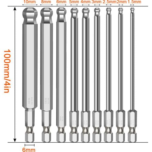 9pcs Ball End Hex Screwdriver Bits Set Metric Allen Hex Bit 100mm Long Magnetic Ball Head Driver Bit