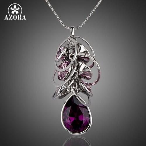 AZORA Vintage Queen Fancy White Gold Color Big Purple Stellux Austrian Crystal Pendant Necklace TN0051