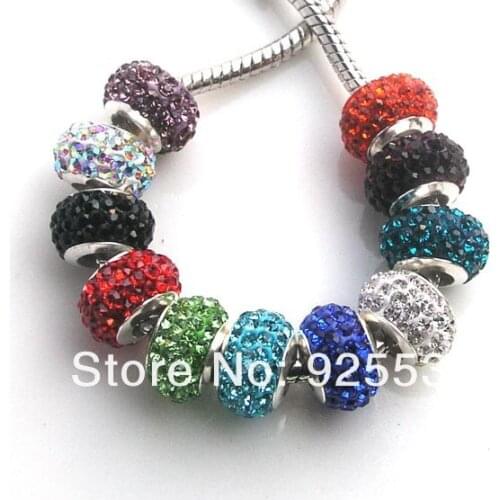 Free Shipping 30PCS 12mm AAA Crystal Rhinestone Silver Core Big Hole Metal round Loose Beads fit European Braclet Charm DIY