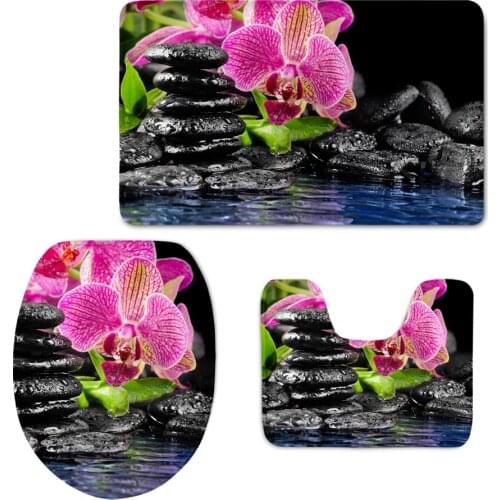 Modern Style Beautiful Orchids 3D Printing Toilet Seat Cover Bathroom Ground Mat Anti Slip Rugs Decorate Soft Carpet Washable