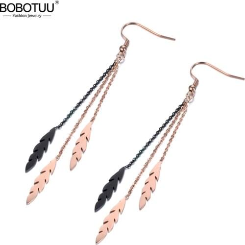 BOBOTUU 3pcs Leaf Charm Long Tassel Earrings For Women Girls Rose Gold Stainless Steel Female Drop Earring Jewelry BE19019
