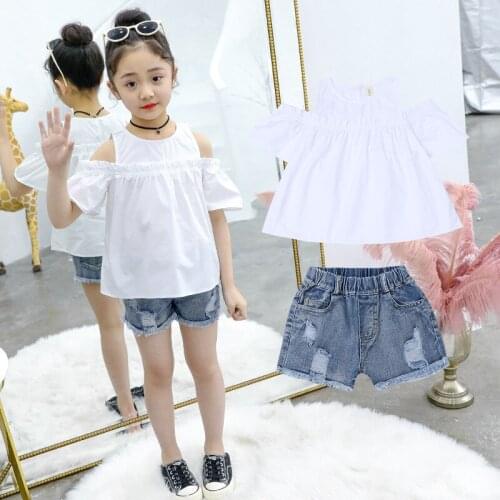 Girls Clothes Sets Kids Fashion White Top+Hole Denim Shorts Suits 2020 Summer Girls Clothing Casual Children Clothes 5-12 Years