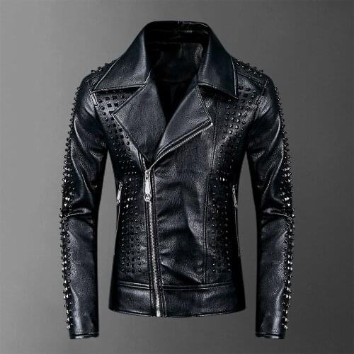 Rivets 2021 PU Jackets Men Black Slim Turn-down Neck Zipper Full Streetwear Motorcycle Faux Leather Coats Casacas Para Hombre