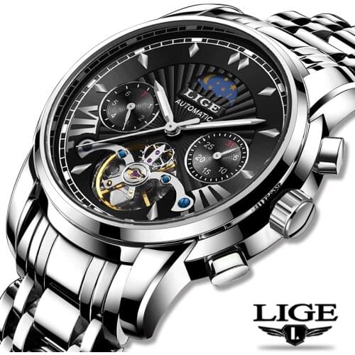 LIGE Fashoin New Mens Watches Top Brand Luxury Automatic Mechanical Tourbillon Watch Men Stainless Steel Waterproof Wrist Watch