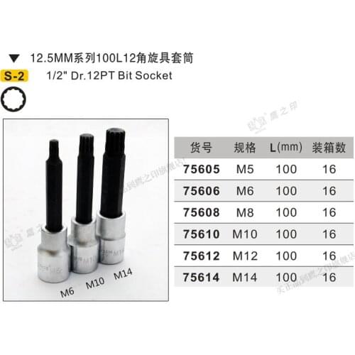 BESTIR TOOL taiwan brand S-2 alloy steel 12.5mm 1/2" Dr. 12PT bit socket L:100mm M5 M6 M8 M10 M12 M14 M16 M18