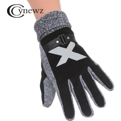 Fashion Winter Keep Warm Mens Gloves Genuine Leather Pig Skin Windproof Coral Fleece Luminous X Letter Gloves