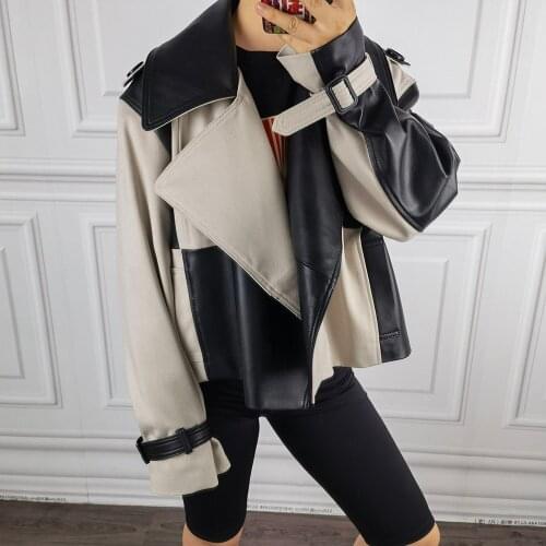 YOLOAgain 2021 New Women Color Blocking Real Leather Jacket Oversized Coat Outerwear Ladies
