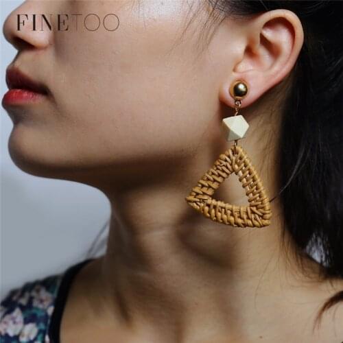 Handmade Woven Bamboo Wicker Straw Rattan Triangle Geometric Statement Earrings Fashion Boho Drop Earrings for Women Girls