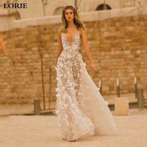 Smileven Sexy Bohemian Wedding Dress Spaghetti Sexy Deep V Neck 3d Floral Appliqued Lace Bridal Gowns Backless Vestido De Noiva