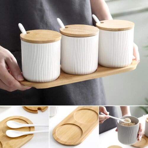 Nordic Ceramic Condiment Storage Jar Household Spice Box With Bamboo Lid Seasoning Pot Soy Salt Sugar Organizer Kitchen Tool