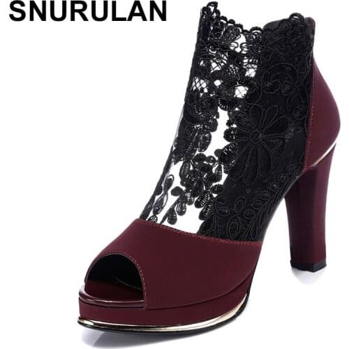 SNURULAN 2018 New high-heeled shoes with coarse gauze lace fish mouth sandals women sandals E202